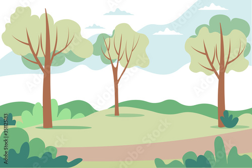 Illustration of a beautiful summer landscape of fields and forest with dawn  green hills  bright blue sky.