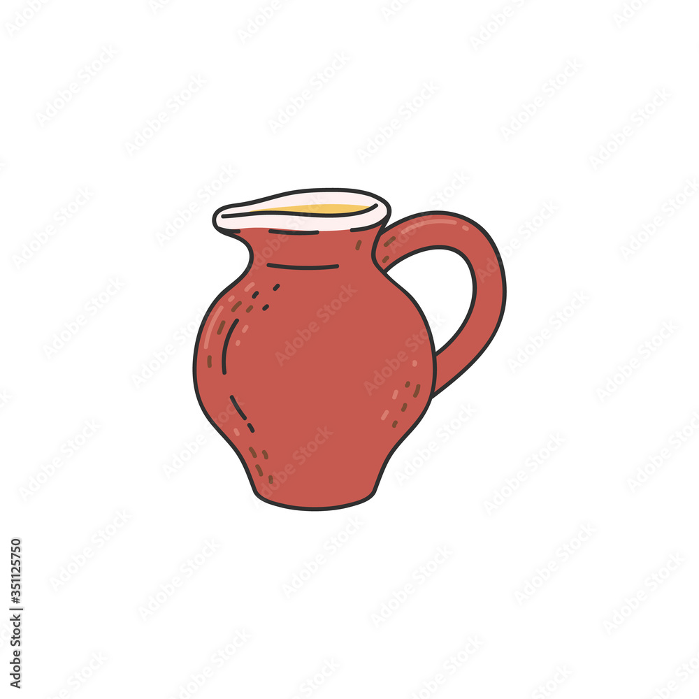 Clay brown pitcher or jug cartoon icon, sketch vector illustration isolated.