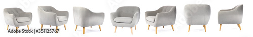 Collage with modern comfortable armchair on white background photo
