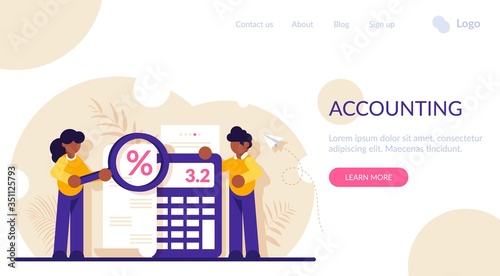 Concept of accounting and auditing service for business, budget planning, revenue calculation. People look through the magnifying glass at the check. Modern flat vector iilustration.