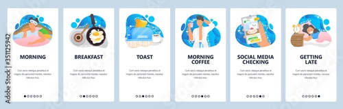 Morning routine website and mobile app onboarding screens vector template