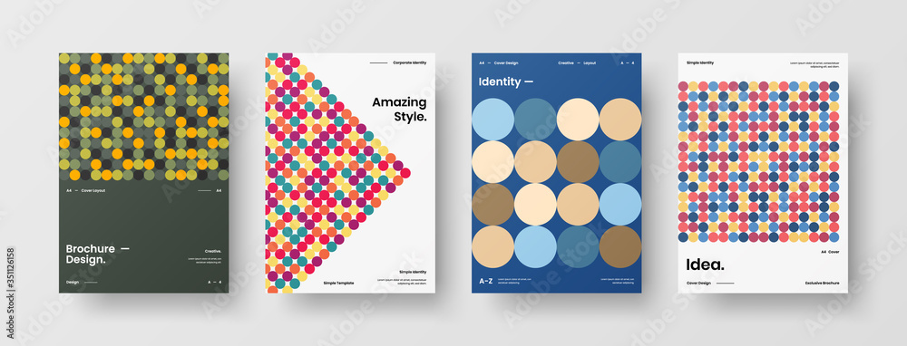 Fototapeta premium Company identity brochure template collection. Business presentation vector A4 vertical orientation front page mock up set. Corporate report cover abstract geometric illustration design layout bundle.