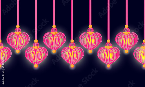 Vector seamless border pattern. Heart yarn tassels with cute pink, rose glow. Garland from lantern, string of lights. Horizontal divider for Valentine’s day, wedding celebrating decor, greeting cards