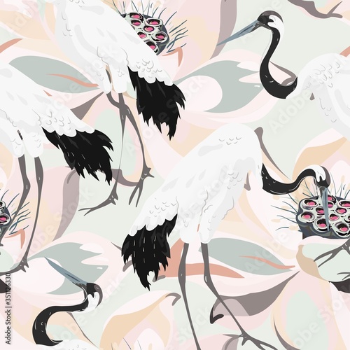 Abstract illustration of a white red-headed crane on a background of pink and cream lotuses. Seamless vector floral pattern. Simple square repeating design for fabric and wallpaper
