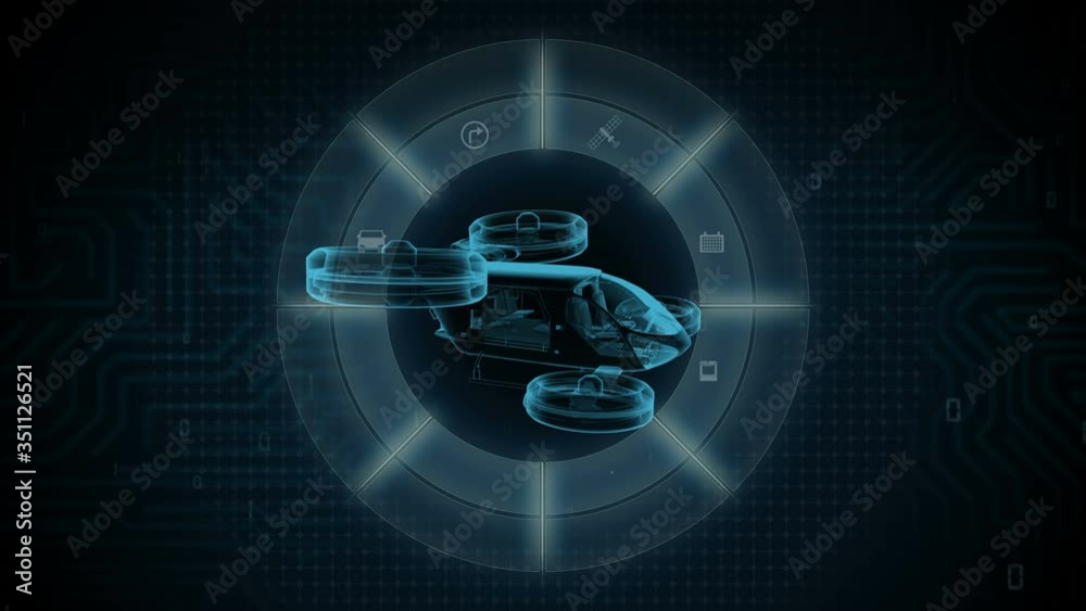 Rotating autonomous drone taxi, Drone plane with various Internet of Things icon, x-ray version,4k animation.