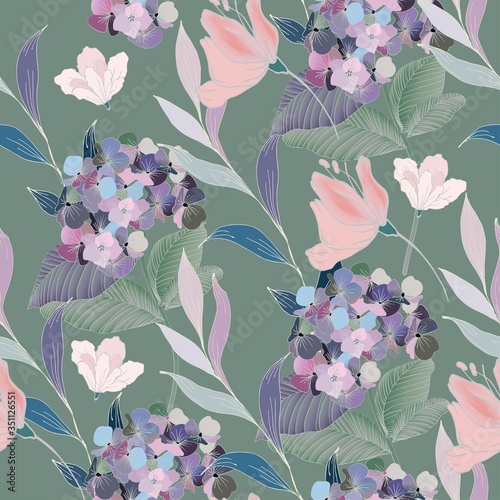 Abstract drawing of lilac flowers and leaves on a sage grey color background. Seamless vector floral pattern. Simple square repeating design for fabric and wallpaper