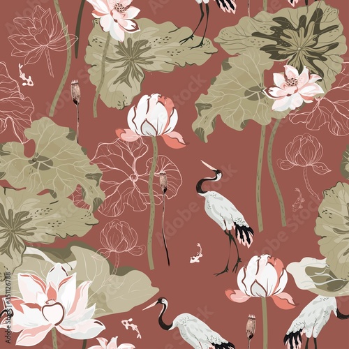 A pond with huge flowers and lotus leaves and red-headed cranes hunting fish. Seamless floral vector pattern with cream, light beige background. A square repeating design based on Chinese painting