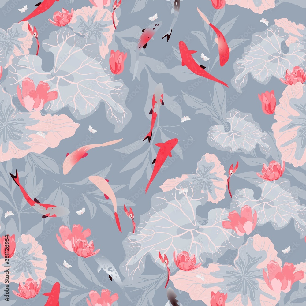 Fototapeta premium Pink flowers and green leaves of lotuses, koi carps in light blue water. Seamless hand-drawn vector illustration with a pond. Square repeating design for fabric and wallpaper