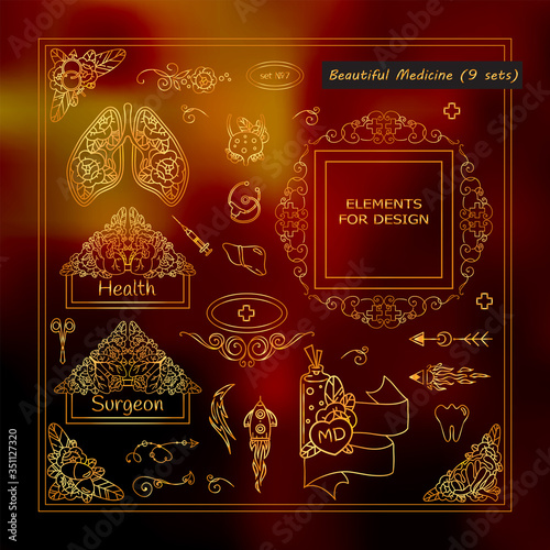 Perfect medical elements for doctors, anatomy, lovely human organs and medic theme with roses. Vector abstract signs, symbols, frames, boxes, dividers, borders. New and different arts in each set