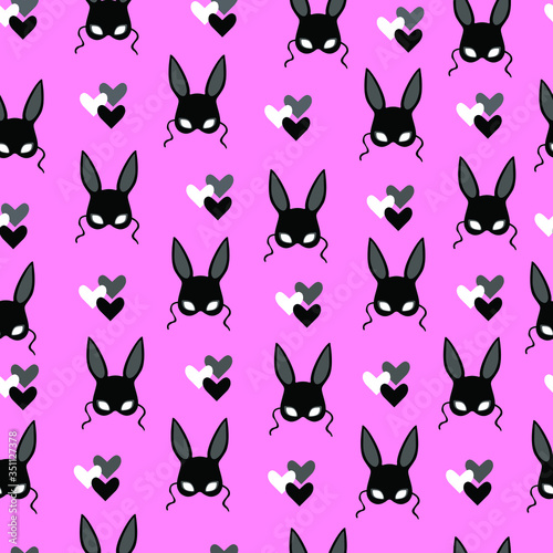 Seamless background - mask rabbit. vulgar mask pattern, vulgar print. sexy rabbit mask on a pink background with hearts. sexy bunny print, vulgar toys pattern, bdsm pattern, print