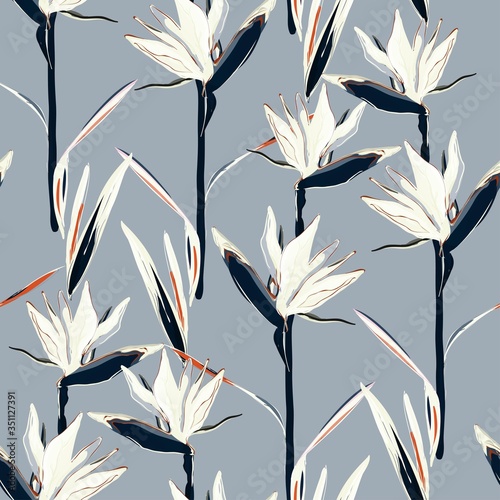 Drawing of a yellow Strelitzia flower on a cream, light beige background. Seamless vector floral pattern. Simple square repeating design for fabric and wallpaper