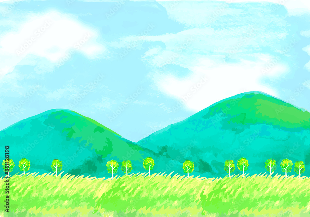 水彩手描きの山と草原の風景イラスト