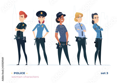 Female police officer collection. Young cheerful police women. Police girls character collection