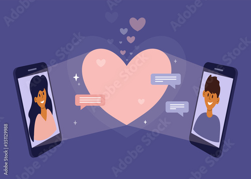 Online dating concept. Remote meeting partners. Web chatting of couple lover. Virtual talking by smartphone mobile app. Relationships in social media. Woman and man fall in love. Vector illustration.