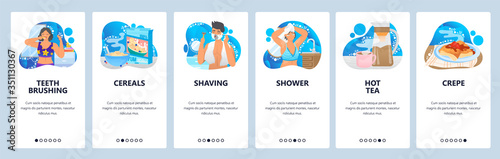 Morning routine website and mobile app onboarding screens vector template
