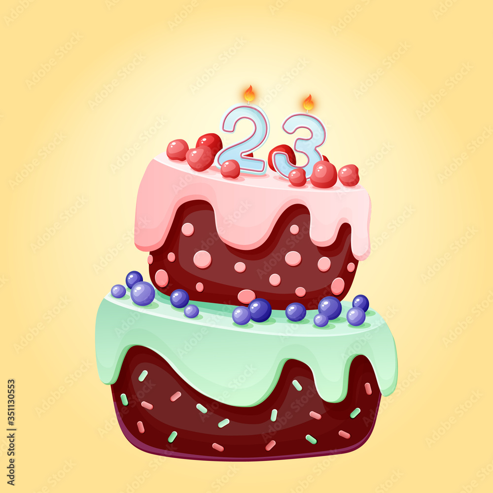 23 year birthday cute cartoon festive cake with candle number twenty three. Chocolate biscuit with berries, cherries and blueberries 23 year birthday cute cartoon festive cake with candle number twenty three. Chocolate biscuit with berries, cherries and blueberries