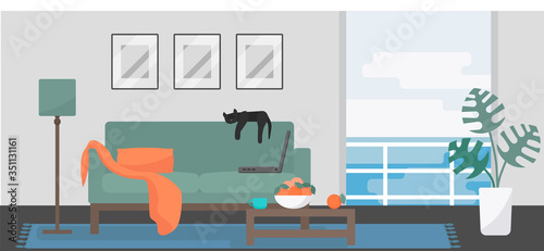 Minimalistic room interior with sea view: green couch with orange plaid, laptop, dreaming cat, coffee table with oranges, and a balcony. Work and relax balance concept. Flat style vector illustration.