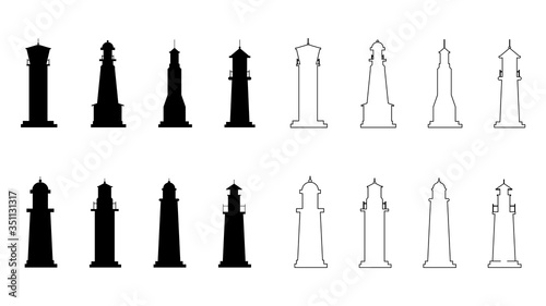 Set of lighthouses. Lighting path. Flat style. Vector illustration 