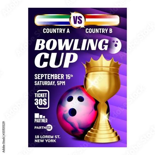 Bowling Cup Best Bowler High Score Banner Vector. Bowling Style Multicolor Ball And Golden Trophy For Winner Player Hit Skittles On Lane. Final Competition Concept Layout Illustration photo