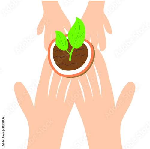 Hands children and parents holding seedling. Environmental protect. Eco-education. Montessori concept family home education.