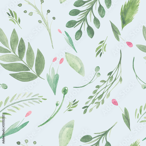 Seamless pattern of flowers greenery berries rustic style Watercolor illustration summer pattern on a white background