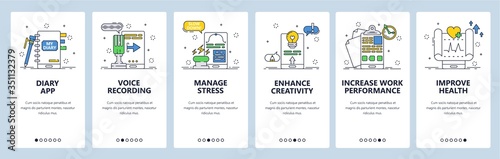 Diary website and mobile app onboarding screens vector template