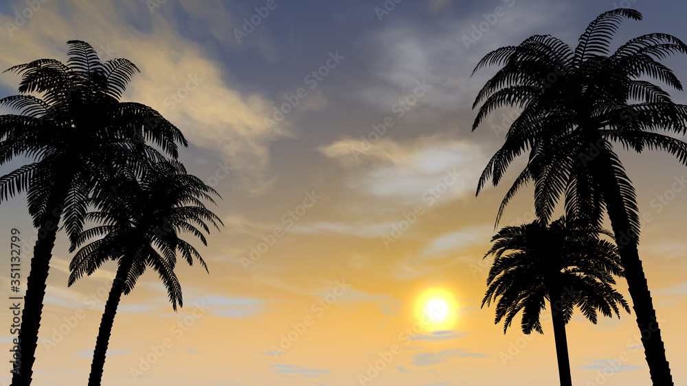 Palm tree. The view of dusk. Resort area. 3D illustration