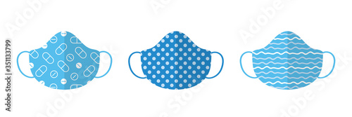 Set, collection of blue cloth masks, sheet masks for face with various ornaments.