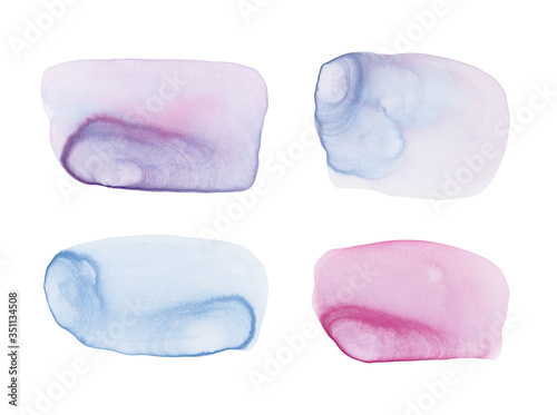 Set of different watercolor shapes, splashes. Unique texture, template for design, substrate for text. Isolated.