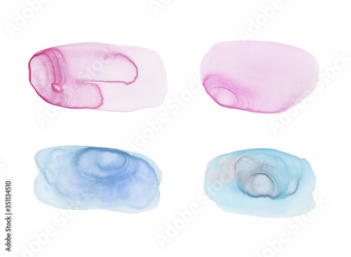 Set of different watercolor shapes, splashes. Unique texture, template for design, substrate for text. Isolated.