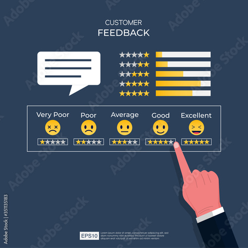 Customer feedback design concept. Businessman hand choosing satisfaction emoticons symbol with his finger. Survey form on the screen with stars rating. Vector template illustration