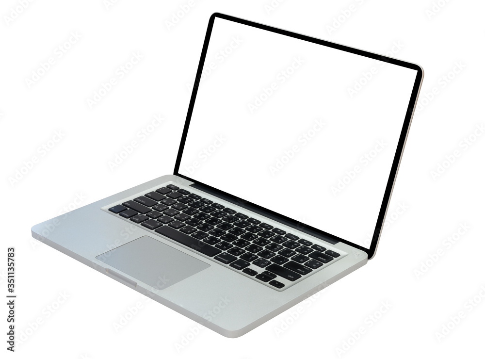 Side view of laptop computer with blank white screen display. Aluminum material body laptop with slim design - isolated on white background Side view of laptop computer with blank white screen display. Aluminum material body laptop with slim design - isolated on white background