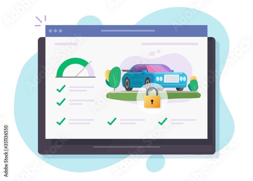 Automobile and vehicle monitoring security lock check software online system on computer device or digital tablet connected to smart car, wireless remote distance control of secure alarm vector flat