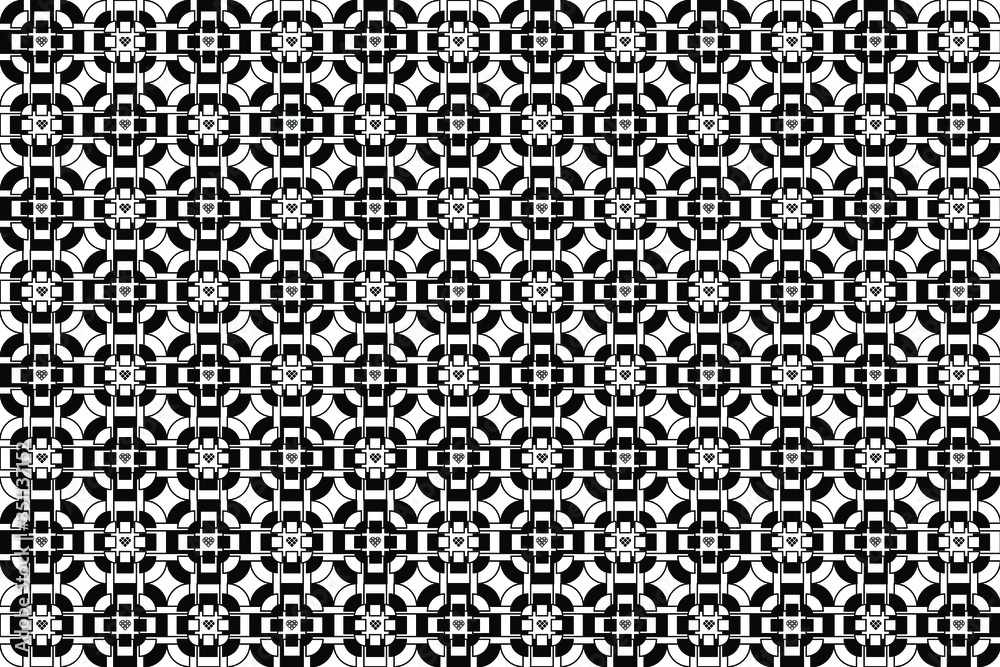 Interlocking round black and white shapes made from square block shapes in a repeating pattern