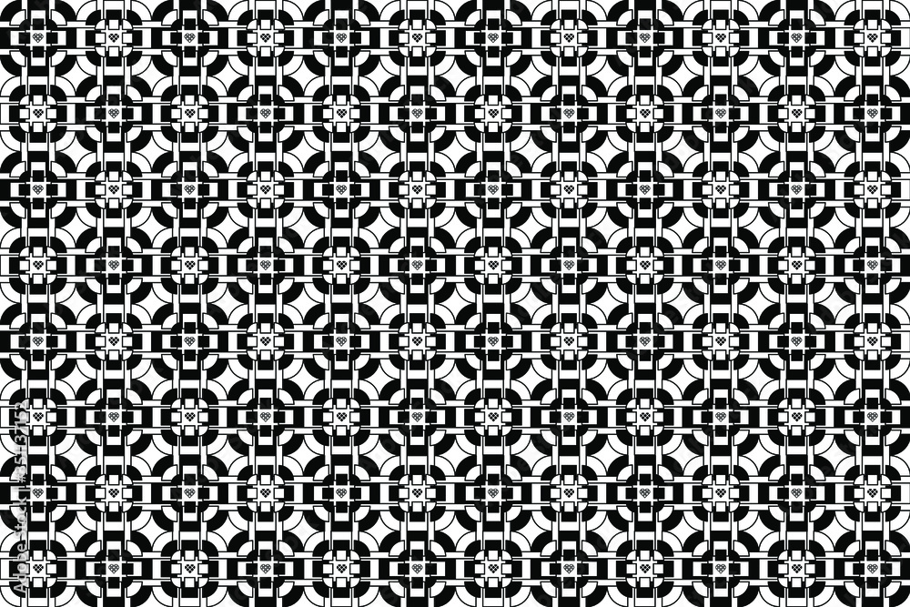 Interlocking round black and white shapes made from square block shapes in a repeating pattern Interlocking round black and white shapes made from square block shapes in a repeating pattern