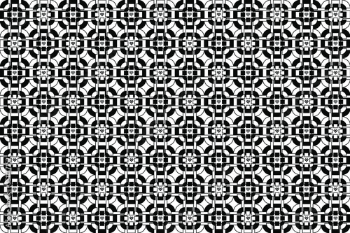 Interlocking round black and white shapes made from square block shapes in a repeating pattern