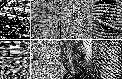 Distress grunge vector texture of wicker rope. Black and white background.