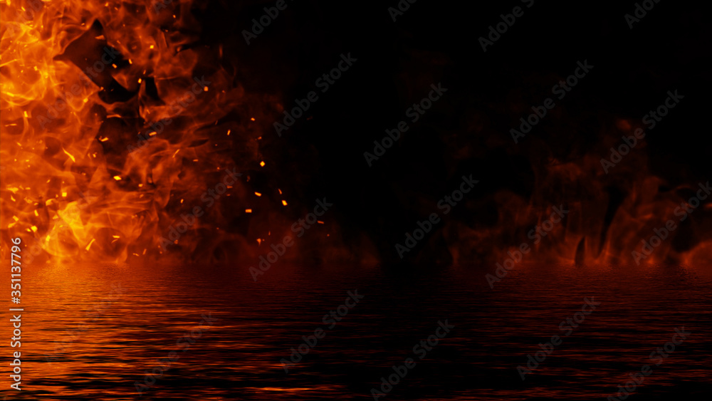 The confrontation of water vs fire. Mystical flame with reflection on the shore. Stock illustration background