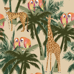 Keuken achterwand Afrikaanse dieren patronen Tropisch patroon papegaai giraf en cheeta  © natikka