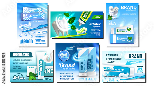 Toothpaste Creative Advertising Posters Set Vector. Collection Of Different Bright Promotional Marketing Banners With Toothpaste Blank Package And Toothbrush. Color Concept Template Illustrations