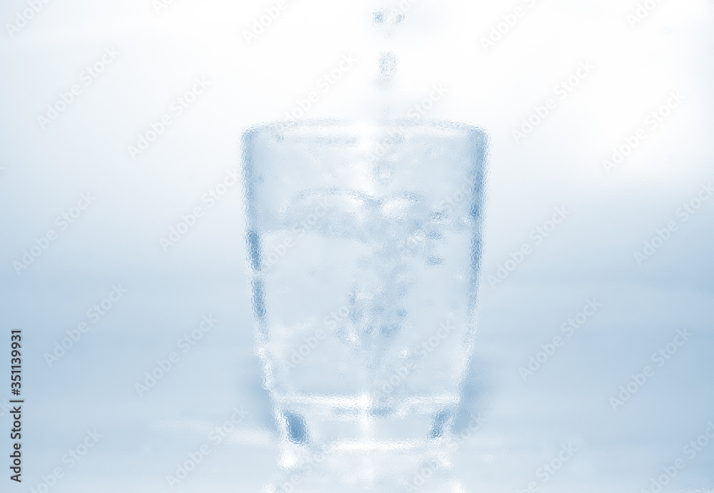 blurred glass bright water dripping into the glass with many bubble in water bright blue background . healthcare drinking advertising concept blurred glass bright water dripping into the glass with many bubble in water bright blue background . healthcare drinking advertising concept