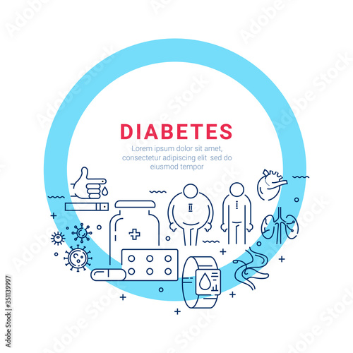 Diabetes. Circle poster with flat line icons.