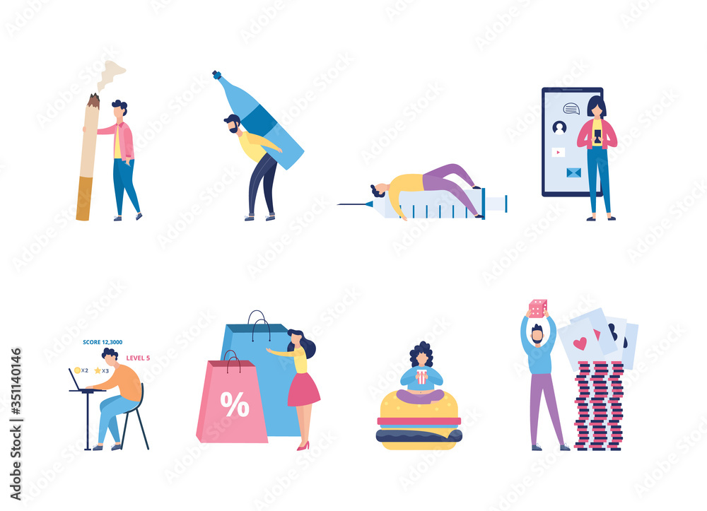 Set of people addicted to various bad habits flat vector illustration isolated.