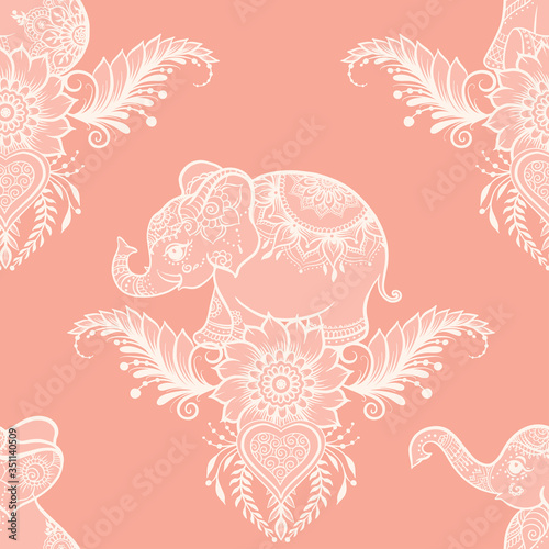 Elephant in eastern ethnic style, traditional indian henna ornament. Seamless pattern, background in soft rose colors. Vector illustration..