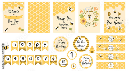 Bee party template set Bee baby shower invitations Cute kids party event Sweet honey bee day garland vector elements