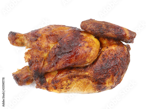 Canvas Print bavarian grilled, roasted half chicken isolated on white background