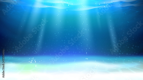Underwater Aquarium Sunlight And Bubbles Vector. River Underwater Illuminated Bottom, Rippled And Reflection Water. Tranquil Waterscape Scene With Shine Light Rays Template Realistic 3d Illustration