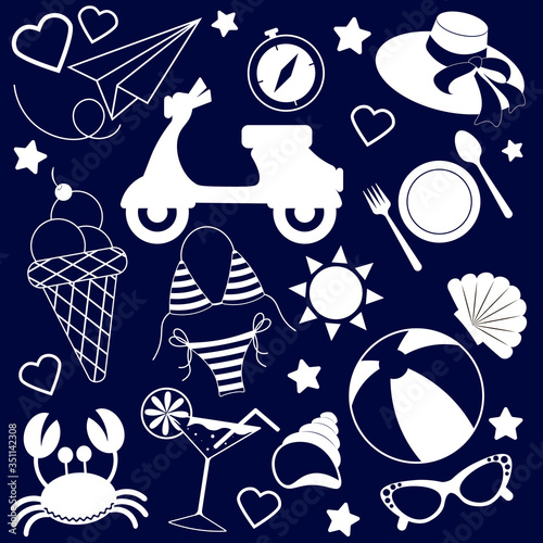  Silhouettes of white linear icons of travel, resort and vacation isolated on a dark background
