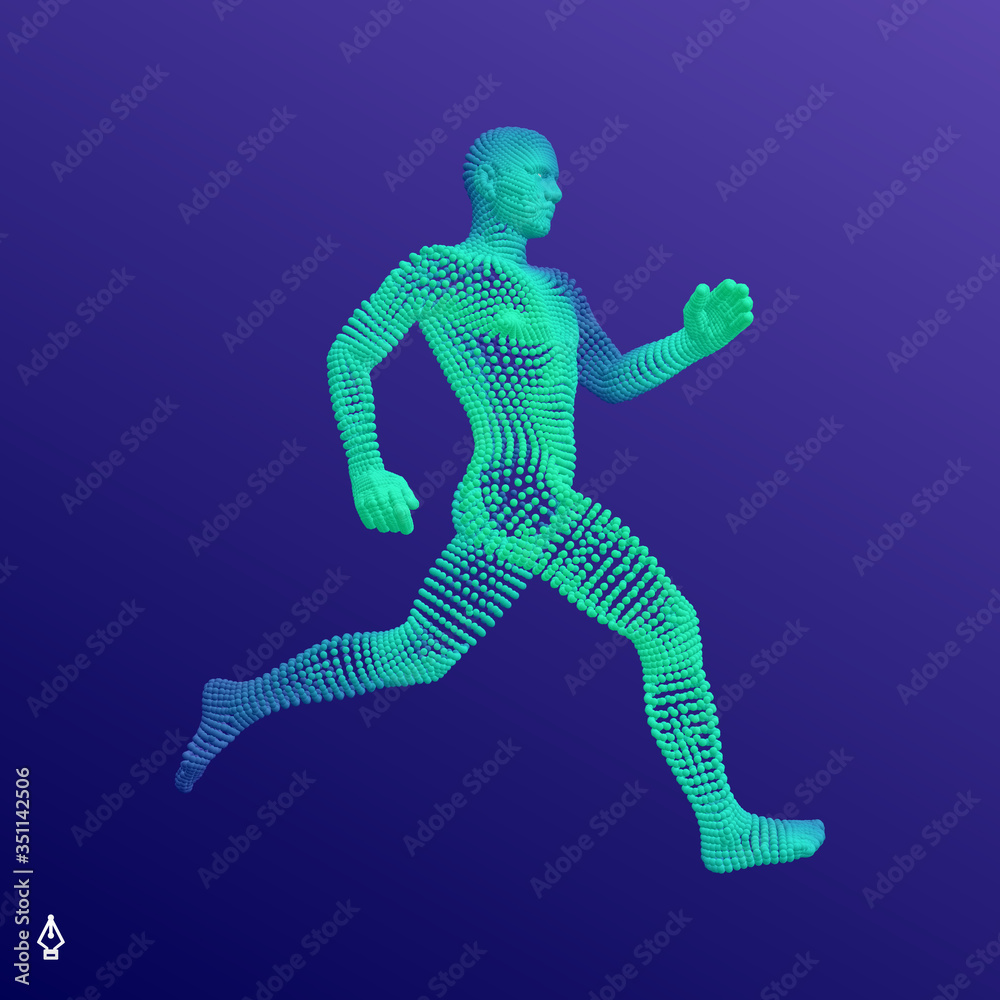 Running man or marathon runner. 3D human body model. Design for sport. Vector illustration composed of particles.