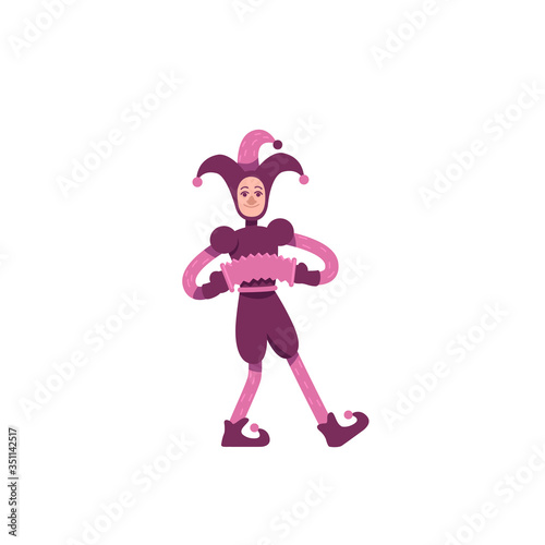 Jester flat color vector character. Medieval clown playing musical instruments. Joker performance. Middle Ages entertainer isolated cartoon illustration for web graphic design and animation